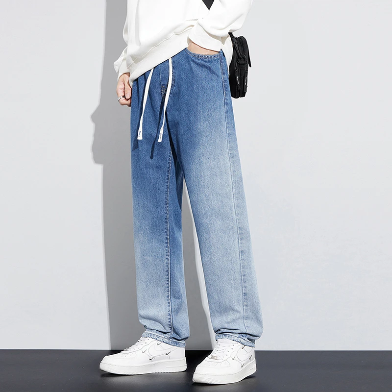 New Autumn&Winter Y2K Jeans Mens Straight Loose Elastic Waist Baggy Denim Pants High Street Wide Leg Trouser Streetwear