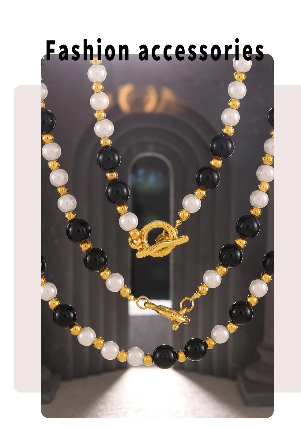 Gotische Schwarze Achat-Halskette für Damen, Edelstahl Vergoldet mit Weißen Muschelperlen, OT-Verschluss, Vintage-Schmuck Geschenk – Detail 6