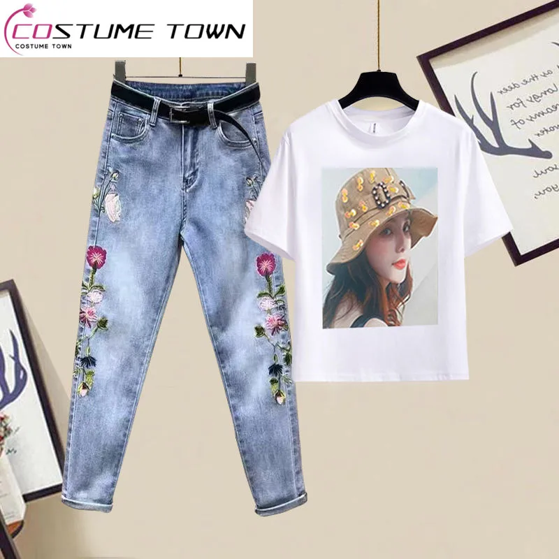 Summer Leisure Fashion Sports Denim Set for Women's 2023 Fashionable Two Piece Set with Western Style and Age Reducing Style denim sports printed suit for women 2023 summer new fashion large size loose slimming short sleeved casual wear two piece set