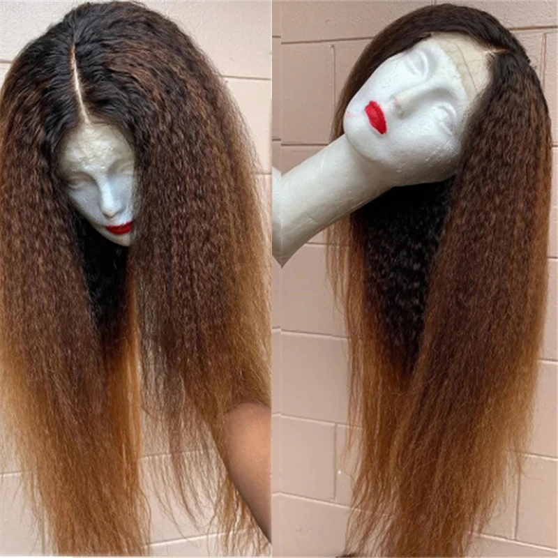 

Long Ombre Blonde Kinky Straight 180% Density Yaki Lace Front Wig For Women With Baby hair Heat Temperature Glueless Wig