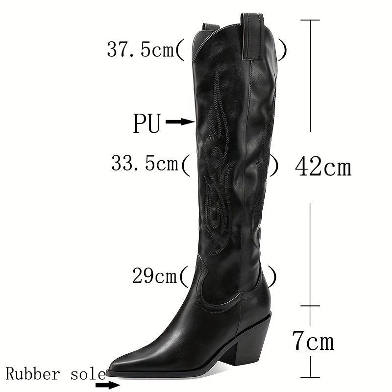 Women's Western Mid calf Pointed Head Large Denim Embroidered Flame High Heels Over Knee Gothic Boots