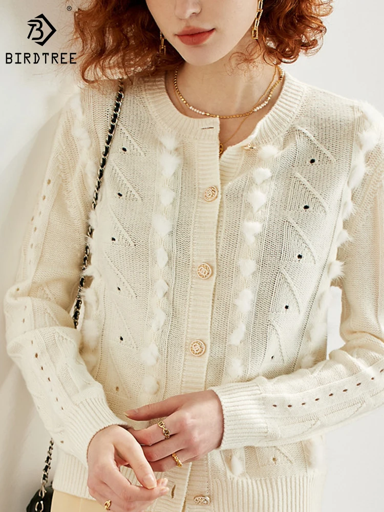 

Birdtree 100%Sheep Wool Cardigan Sweater Women's Round Neck Jacquard Solid Comfortable Temperament Commute Knitwear T3D576QD