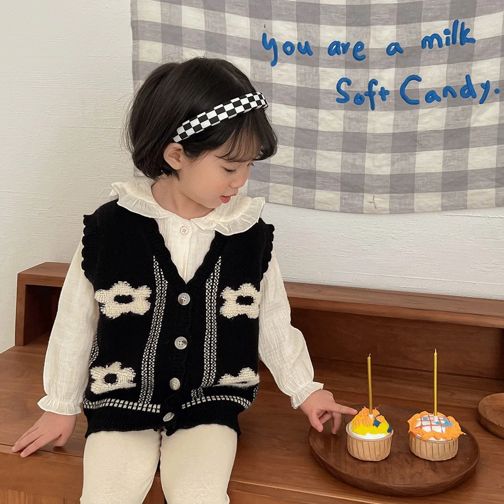 2022 Spring New Girls Knit Cardigan Vest Fashion Children Girls Flower Knitted Vest Jacket Kids Baby V-neck Sweater