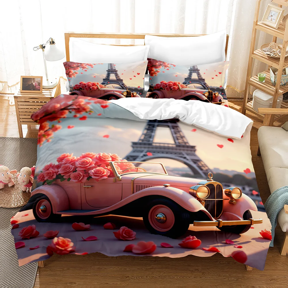 Rose Eiffel Tower Print Pattern Polyester Bedding Set - Soft and Comfortable,  Home Decoration,King,Queen Size,Valentine's Day