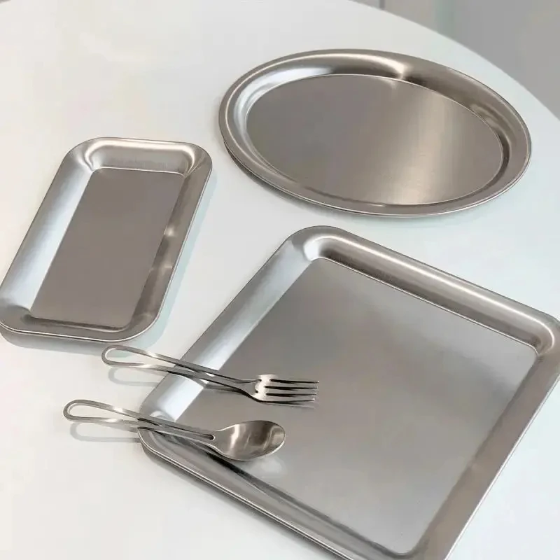 1pc Silvery Stainless Steel Korean Style Barbecue Pan Oval Shaped Square Shaped Multipurpose Dining Plate