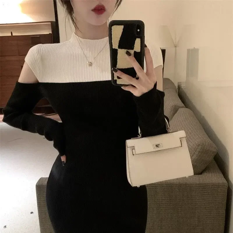 

NMZM long gray knitted robe clothing Maxi high neck crochet evening black women's dress women's dress fashionable, elegant and b