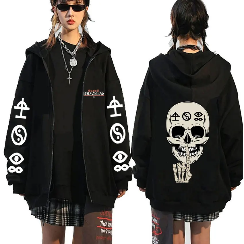 

Rock Band Bad Omens Song Like A Vliiain Print Zipper Hoodie Skeleton Graphic Hoodies Men Women Vintage Punk Gothic Zip Up Jacket