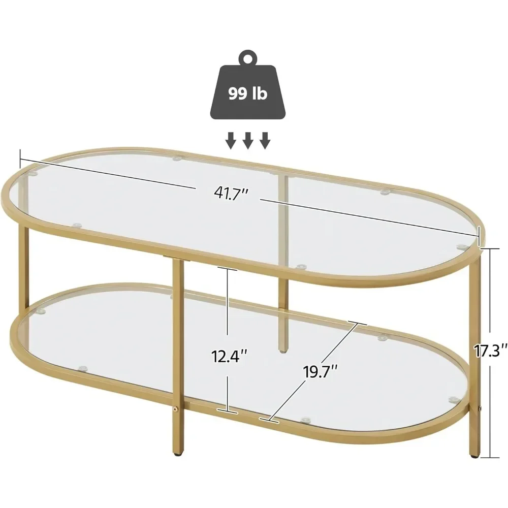 Coffee Table Oval Gold Glass 2-Tier Coffee Table, 42-Inch,   With Storage Shelves and Metal Frame,Living Room Coffee Table 5