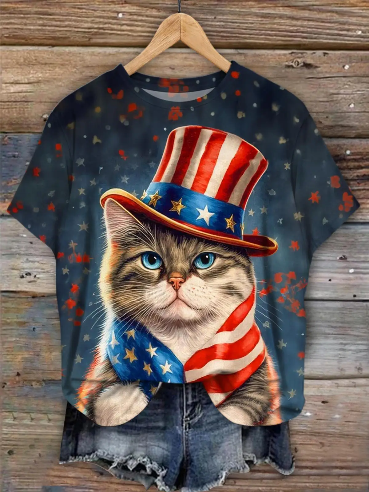 

America Cat Printed Crew Neck Women's T-Shirt