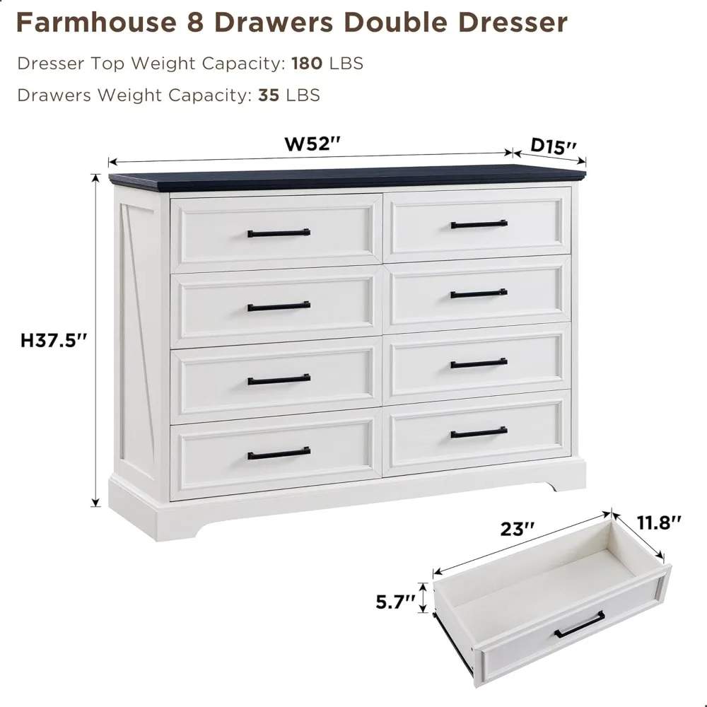 8 Drawers Dresser Chests for Bedroom,52" Wide Wood Rustic Chest of Drawers with Metal Handle,Natural Texture,Drawer Organizer 2