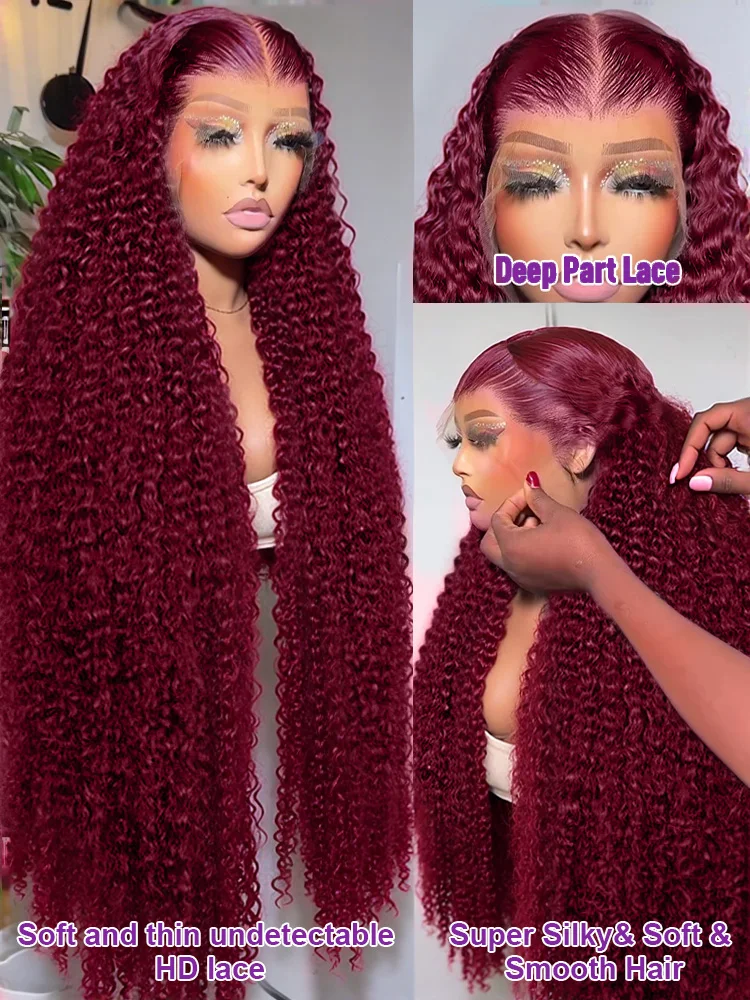 Lace Front Wig 99J Burgundy 30 40 Inch Deep Wave 13x6 Curly Lace Front Wig Red Wine Water Wave 13x4 HD Transparent Lace Frontal Human Hair Wigs
