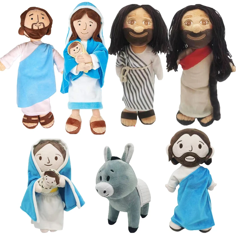 Jesus Plush Toy Virgin Mary Soft Doll Traveler Crutch Style Donkey Stuffed Christ Religious Savior with Smile Believer Kids Gift tuveke summer newest men s jesus christ print design hooded drawstring suit solid color sports slim versatile casual suit s 4xl