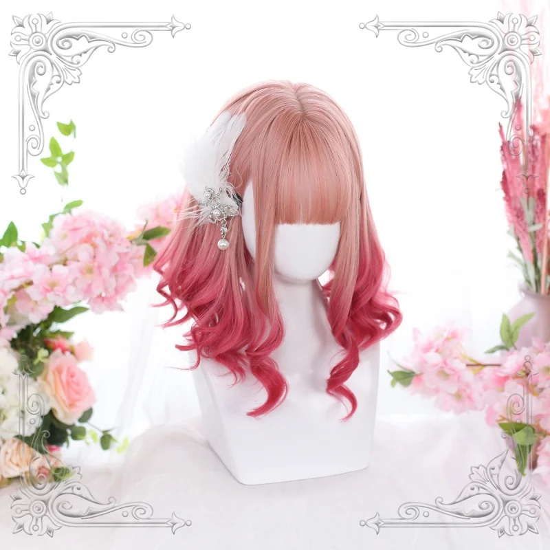 

High Quality Lolita Pink Air Bangs Hair Tail Red Gradual Change Roman Curly Hair Short Wig Cosplay Party