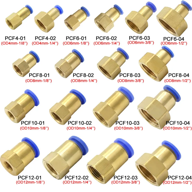 Pcf Pneumatic Air Connector Tubo de Mangueira Rosca Fêmea Latão Quick Pipe Joint Fitting mm mm mm 10 mm 12 mm Pol Pol Dentro Dentro Bsp 10 Peças
