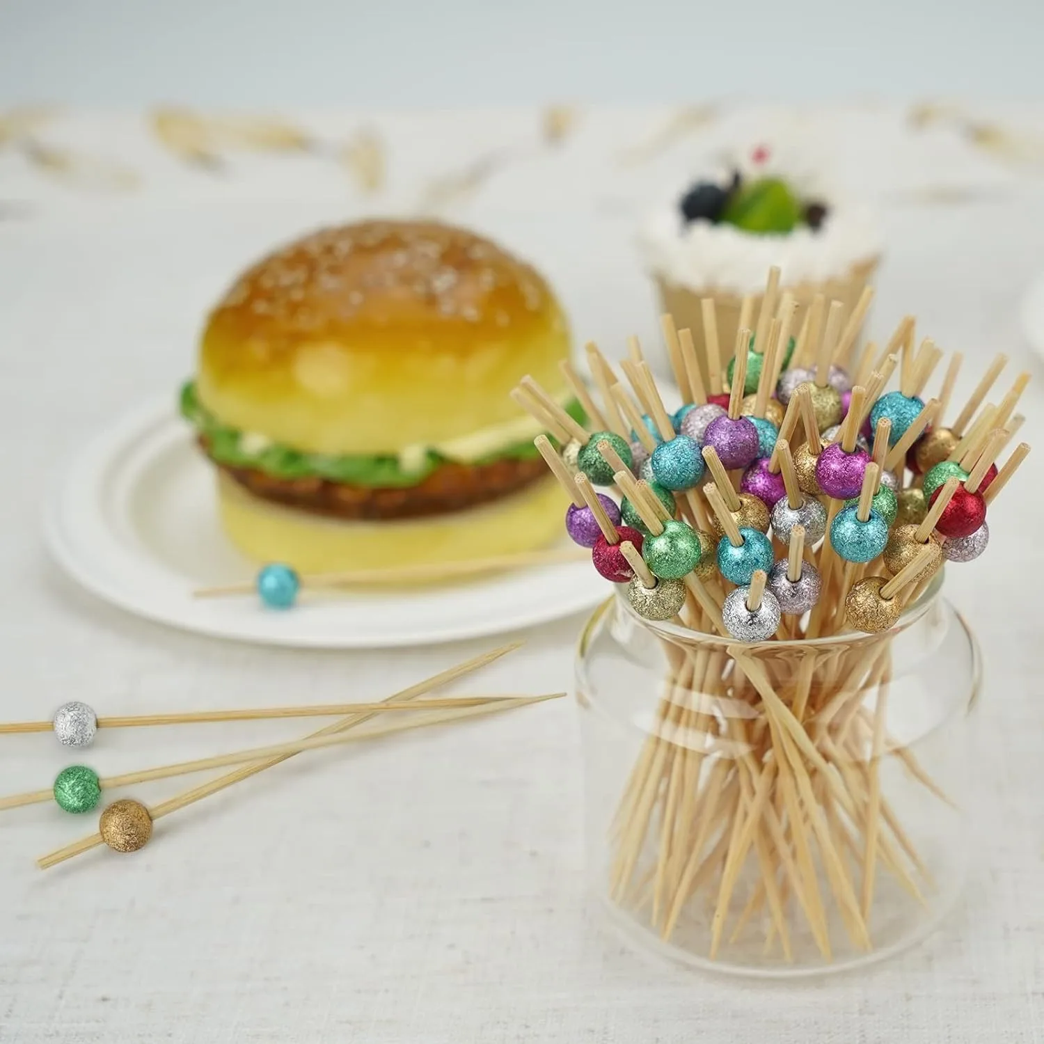 100 Stuzzicadenti Da Cocktail In Bambù - 12 Cm, Con Perla Argento, Per Antipasti E Decorazioni - Foto 5