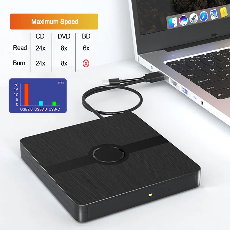 USB 3.0 External Blu-ray Drive Portable 3D BD-Combo Optical Drives CD DVD Player Burner Reader for Laptop PC Windows 11/10 Mac 3