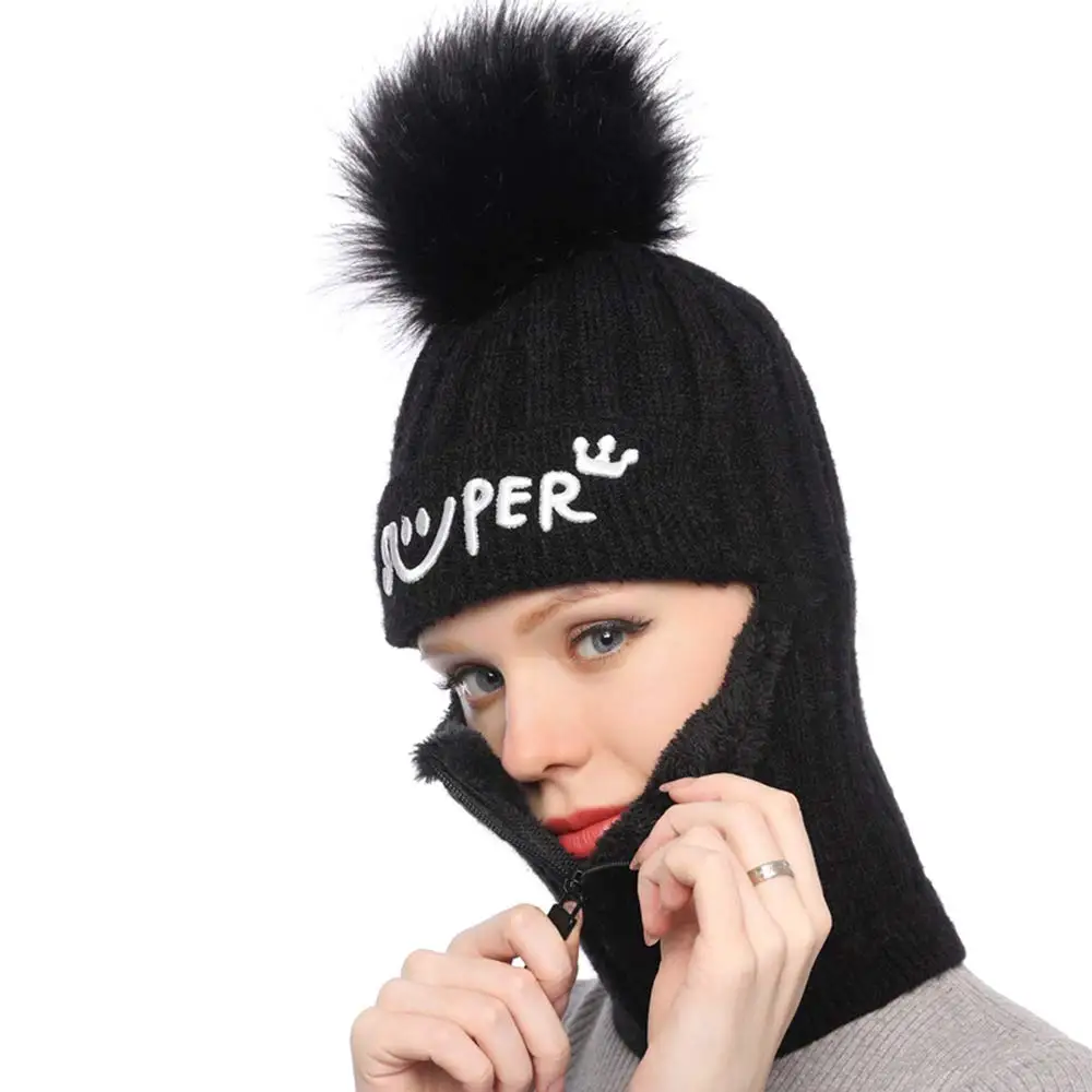 Winter Plush Knitted Hat Warm Ear Protection Neck Cover Cycling Beanie Thickened Windproof Anti-Cold Running Ski Balaclava Cap