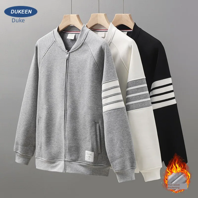 

American Style Four StripeS Autumn Plush Thickened BaseBall Gray Cardigan Hoodie Jacket, Men's And Women's StyleS