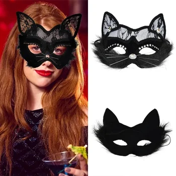 Maschera Veneziana per Trucco, Maschera Nera in Pizzo a Forma di Gatto, Maschera per Occhi per Mascherata, Maschera per Feste di Halloween e Natale, Accessorio per Cosplay