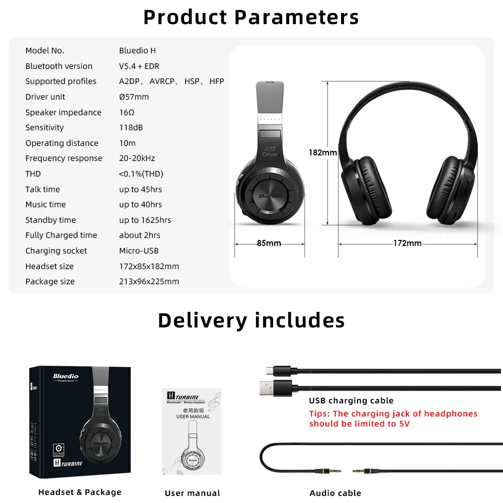 אוזניות אלחוטיות Bluedio HT Bluetooth 5.4 HIFI Sound אוזניות חוטיות 57mm רמקול מיקרופון מובנה 650mAh סוללה