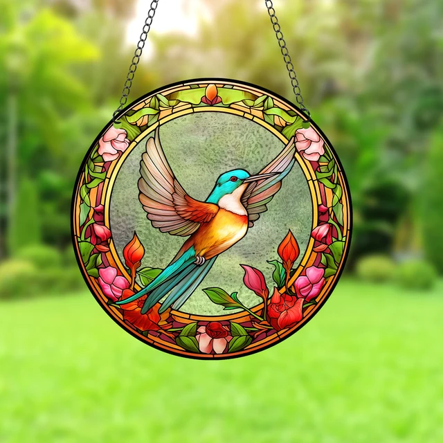 Acrylic Pattern Hummingbird Stained Window Hangings Colorful Flower Suncatchers for Windows, Birds Window Hangings with Chain 3