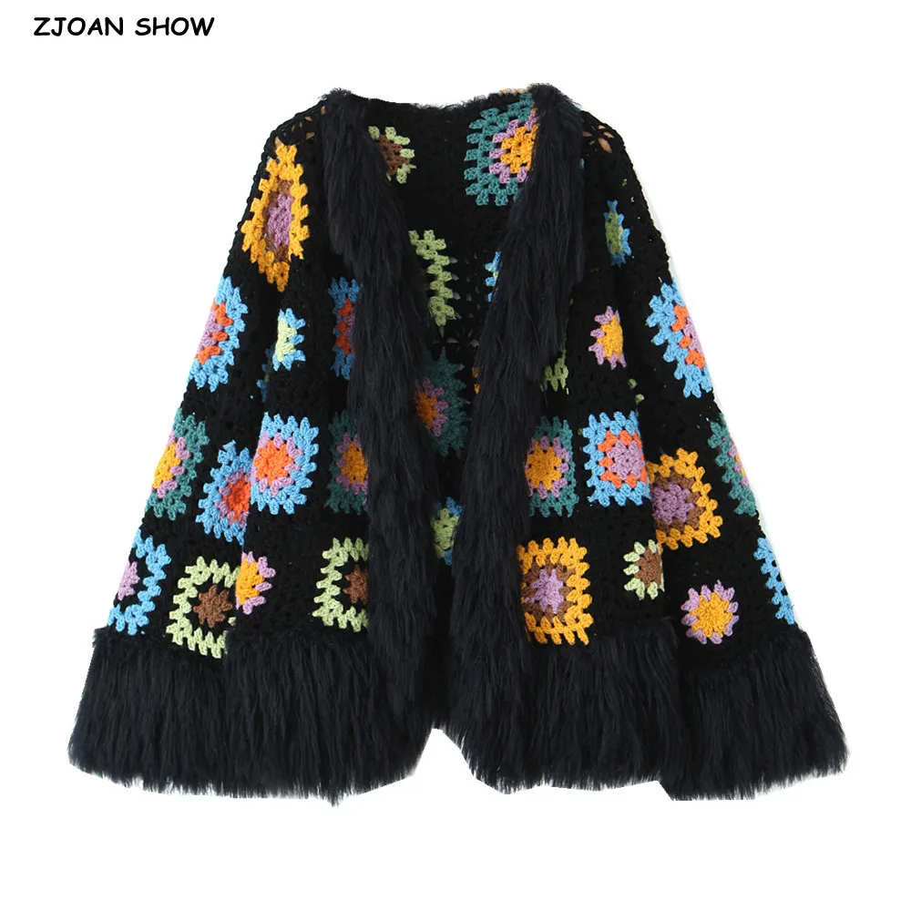 

BOHO Long Hairy Tassel Colored Plaid Flower Hand Crochet Cardigan Ethnic Woman V neck Long sleeve Fringe Sweater Knitwear Jumper