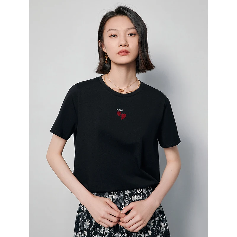 TOYOUTH Women T-shirt Summer New Love Pattern Embroidered Pure Cotton 5A Antibacterial Tops