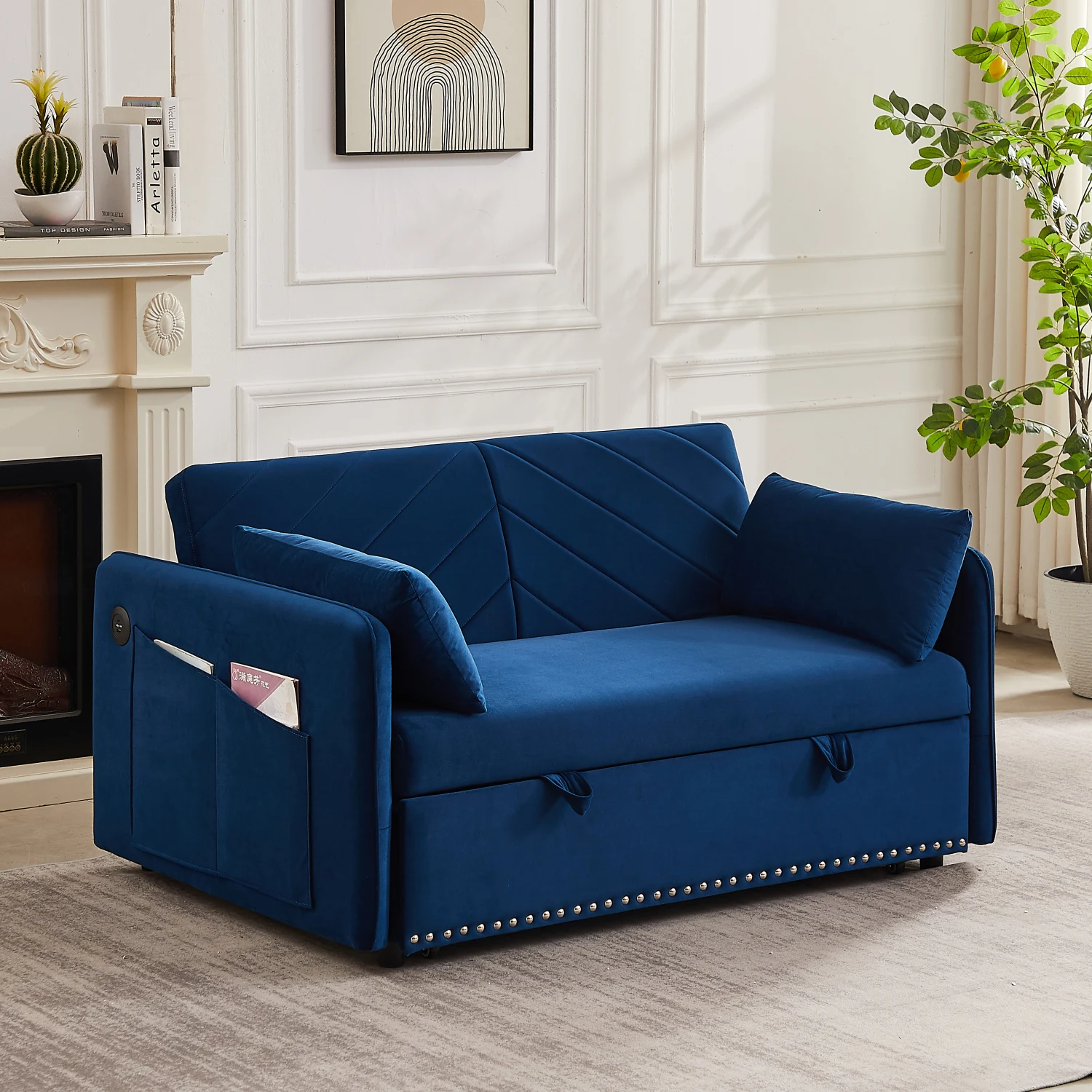 

Soft Velvet 3-in-1 Sleeper Sofa Bed with USB Port and Pull-Out Bed - Includes 2 Lumbar Pillows and Side Pocket - Convertible Sof