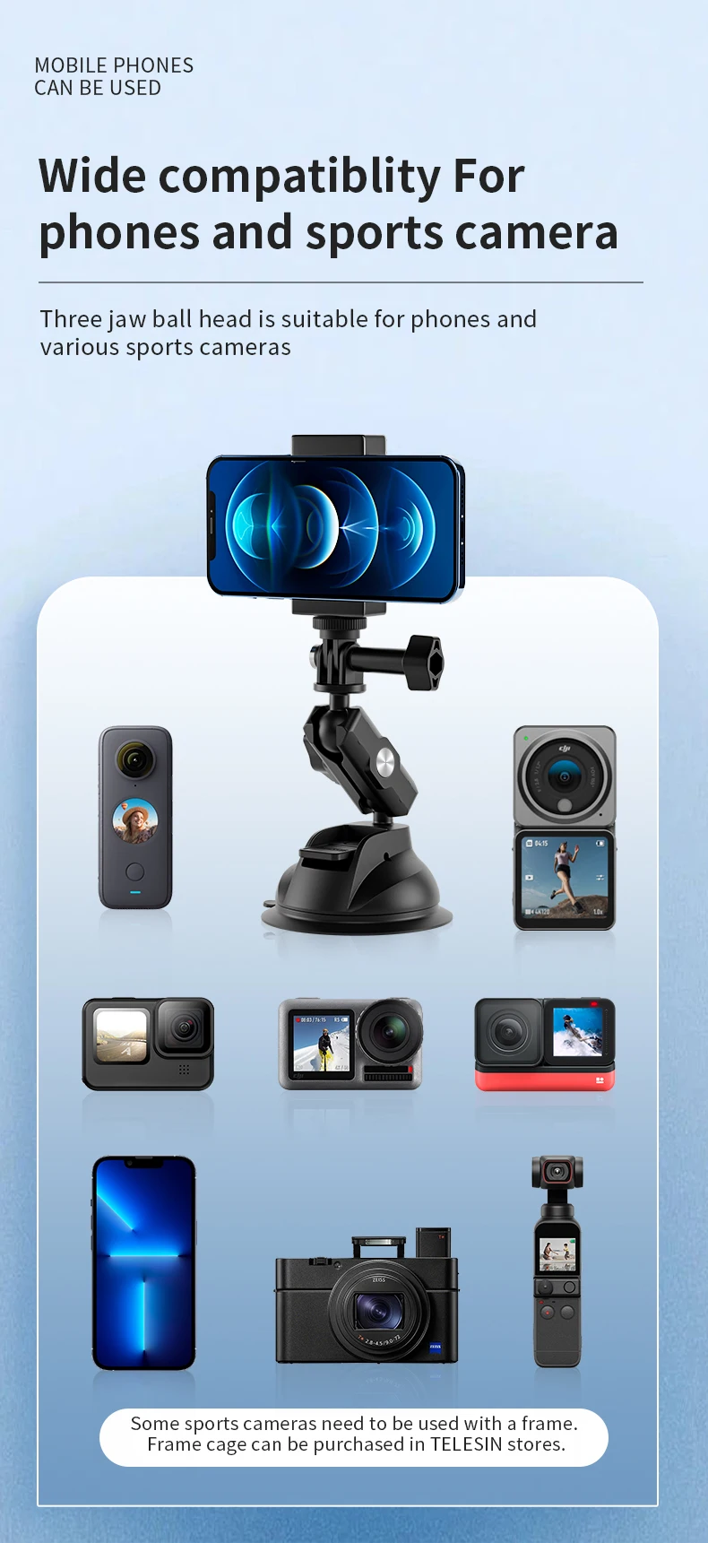 TELESIN Car Phone Action Camera Holder Suction Cup 360 Adjustable 1/4 Standard A