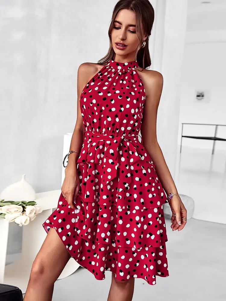 Masrin Vestito da donna senza maniche, abito estivo alla moda, con stampa floreale, con scollo rotondo, mini abito da skater, linea ad A, abito da carnevale, abito da cocktail