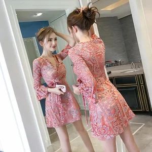 Lace dress female 2023 spring v neck A-line dress with casual to show temperament retro Sen French floral dress female tops