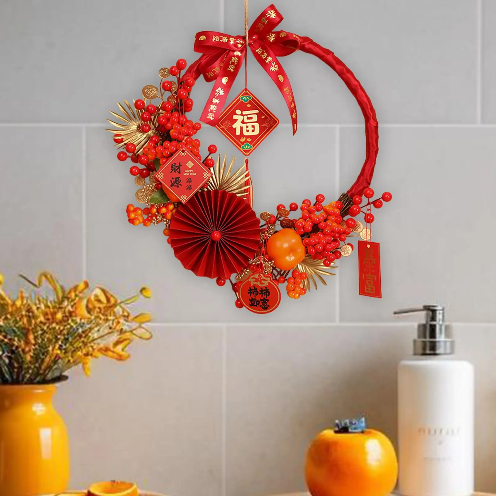 Chinese New Year Wreath Front Door Artificial Wreath for Porch Outdoor Wall