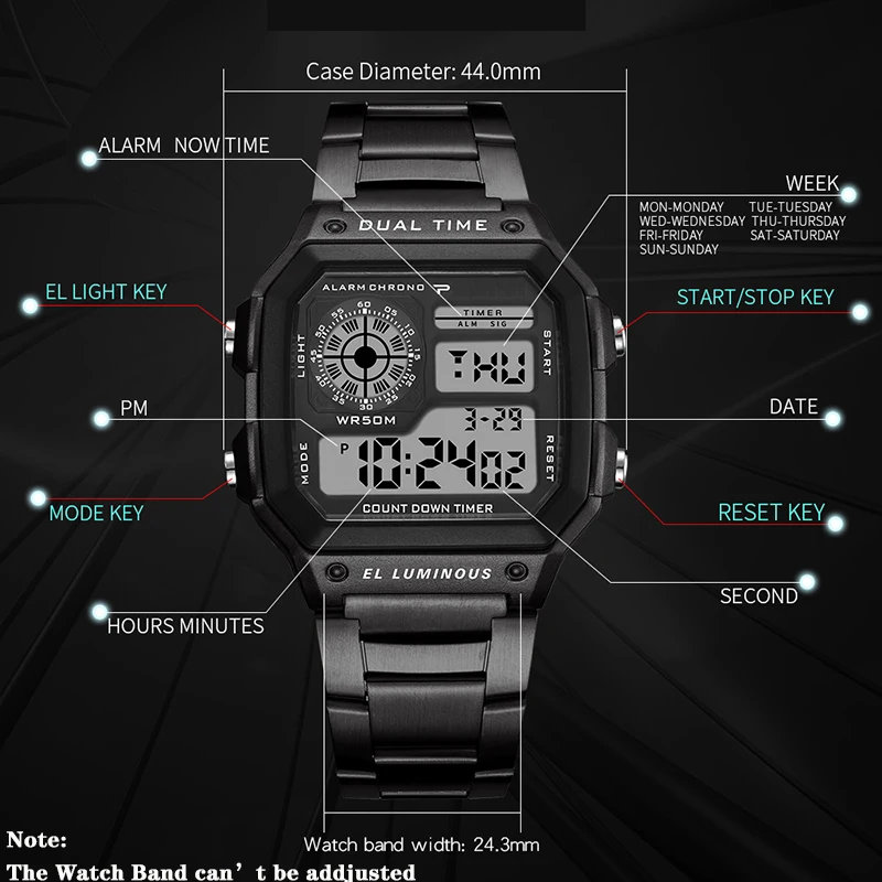 YIKAZE Men's Military Watch Luxury Sport Digital Watch Stainless Steel Countdown Waterproof Electronic Wristwatch for Men Gift