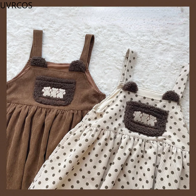 Japanese Korean Style Girls Corduroy Party Jsk Dress Autumn Winter Women Bear Embroidery Loose Sweet Lolita Strap Dresses Kawaii lolita dress lolita suspender dress lolita cosplay costumes suspender dress