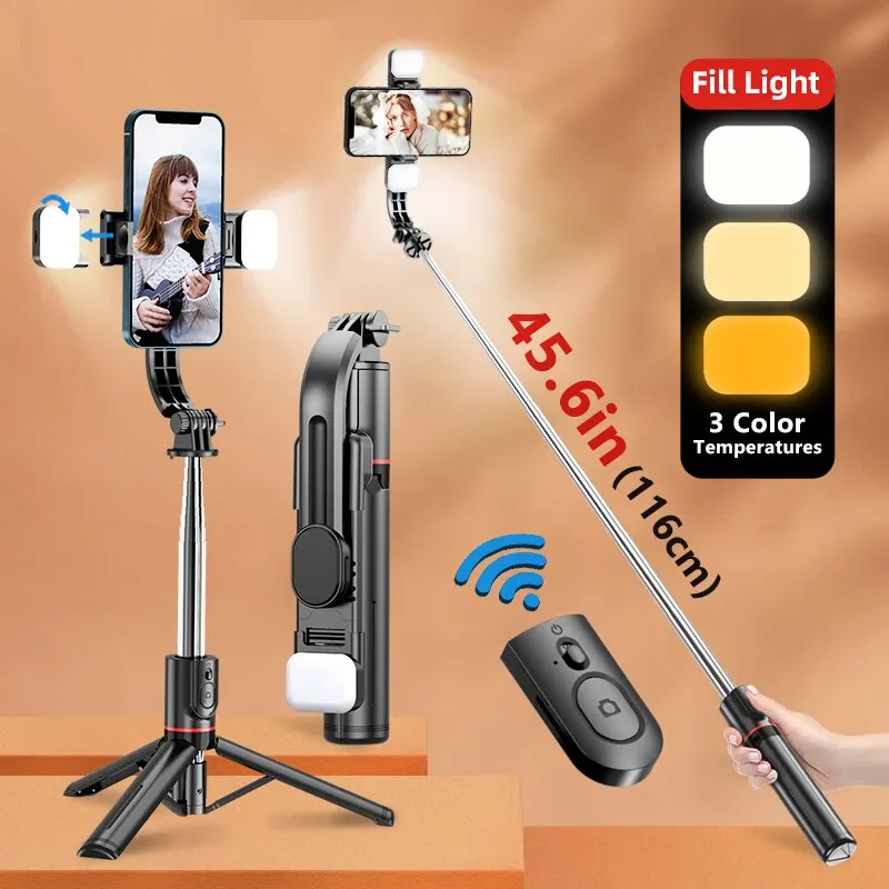 Selfie Stick Tripod INRAM Bluetooth Selfie Stick Double Fill Light Tripod with Remote Shutter for L13D 1160mm Extended Version Android IOS