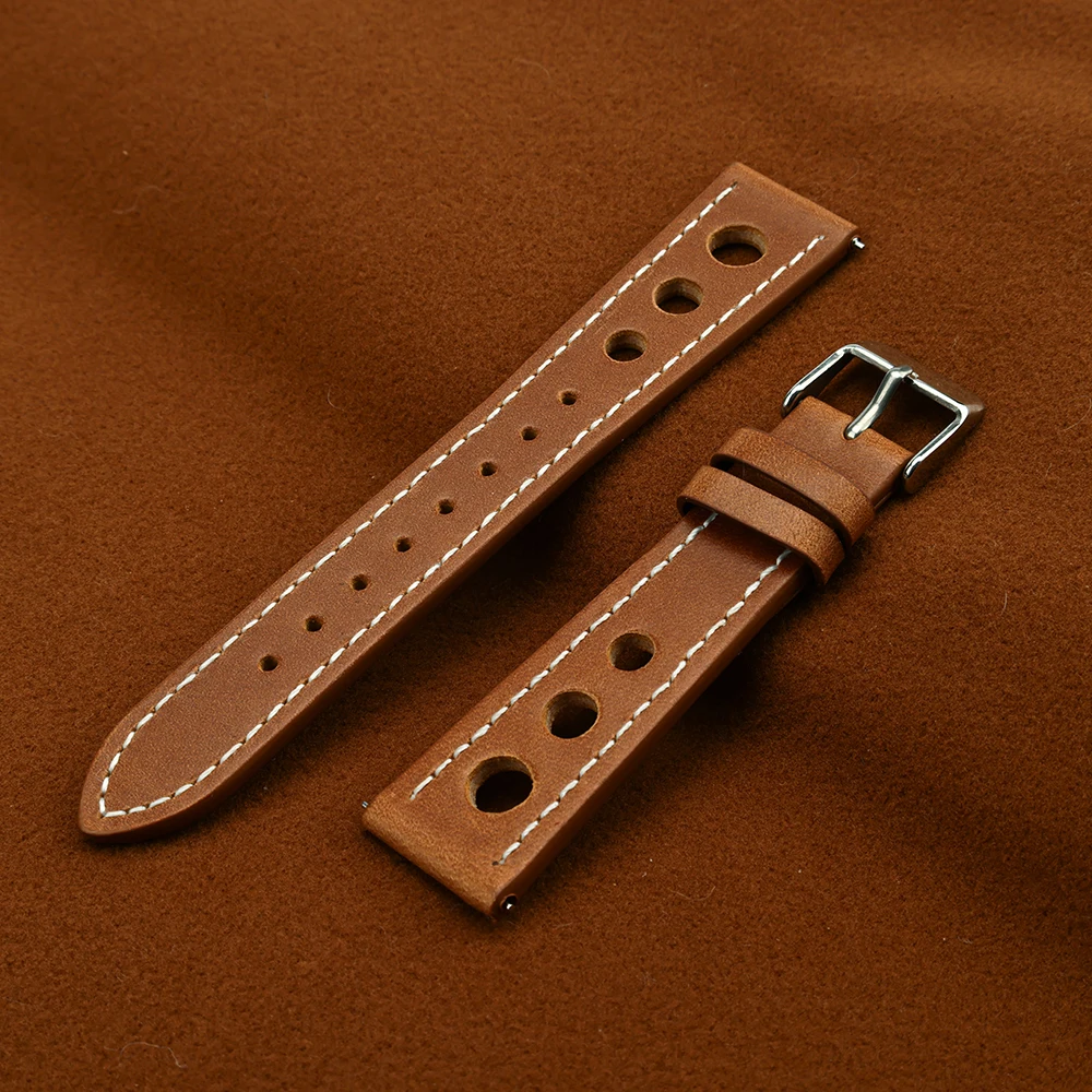 Vintage Leather Perforated Racing Watch Bands - Unisex Cowhide Straps