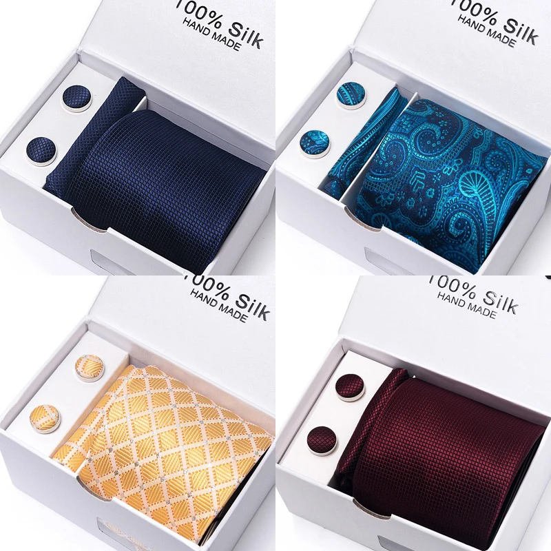 Neck Tie Mini Handkerchief Classic Style 65 Colors Silk Tie Handkerchief Cufflink Set Men Necktie Box Solid Color Sky Blue Fit Wedding Office Cravat