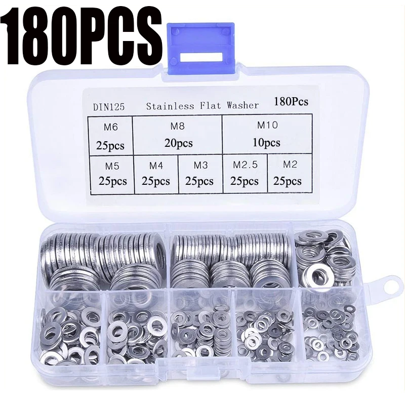 

180pcs M2 M2.5 M3 M4 M5 M6 M8 M10 304 Stainless Steel Flat Washer Plain Sealing Solid Gasket For General Repair Seal Ring Set