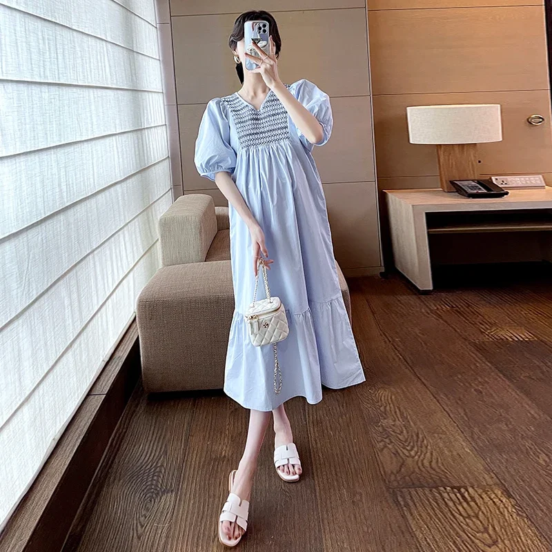 임산부용 전국 패치워크 코튼 임산부 롱 드레스, 2024 여름 한국 패션, 느슨한 스트레이트 의류