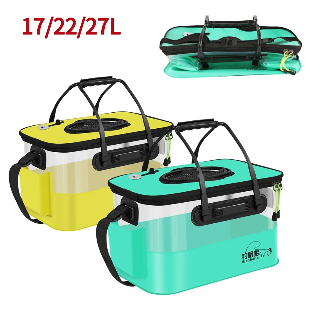 

17/22/27L Live Fish Bait Bucket Multi-Functional Foldable Fish Protection Bucket Transparent Leakage for Outdoor Camping/Fishing