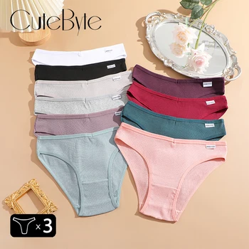 3PCS Cotton Women's Panties Sexy Comfortable Underwear Female Low Waist Stripe Briefs Solid Color Breathable Soft Lingerie M-XL