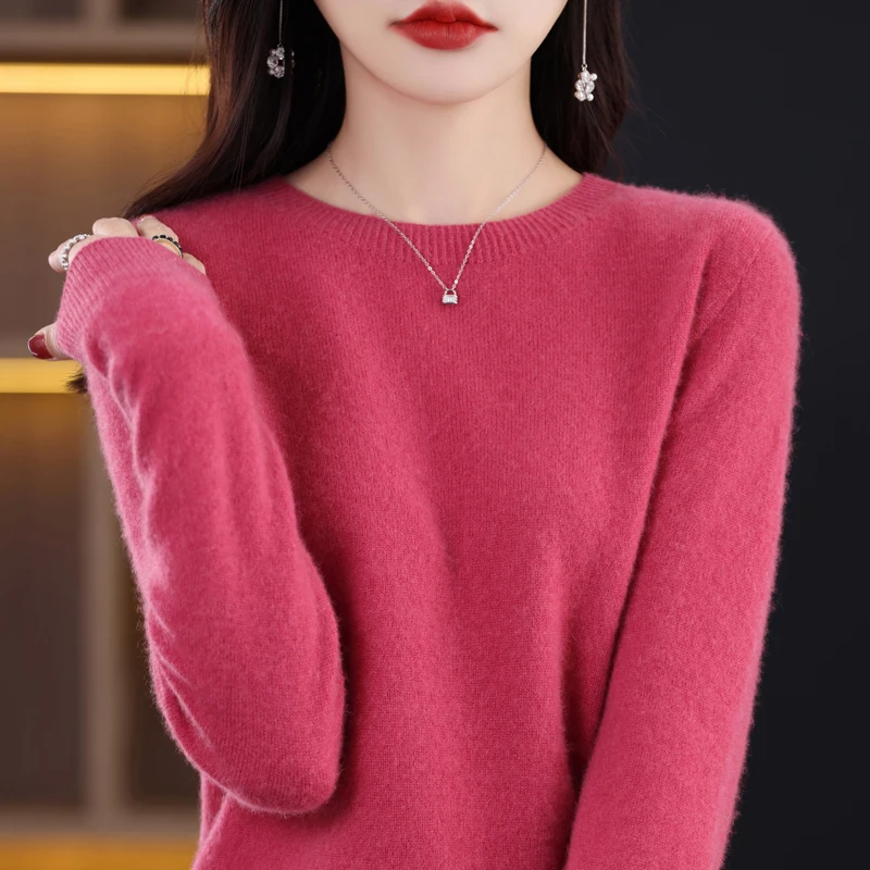 Women Sweater Pure Wool Casual Knitted Pullover Autumn Winter Soft Warm Long-Sleeved Basic Round Neck
