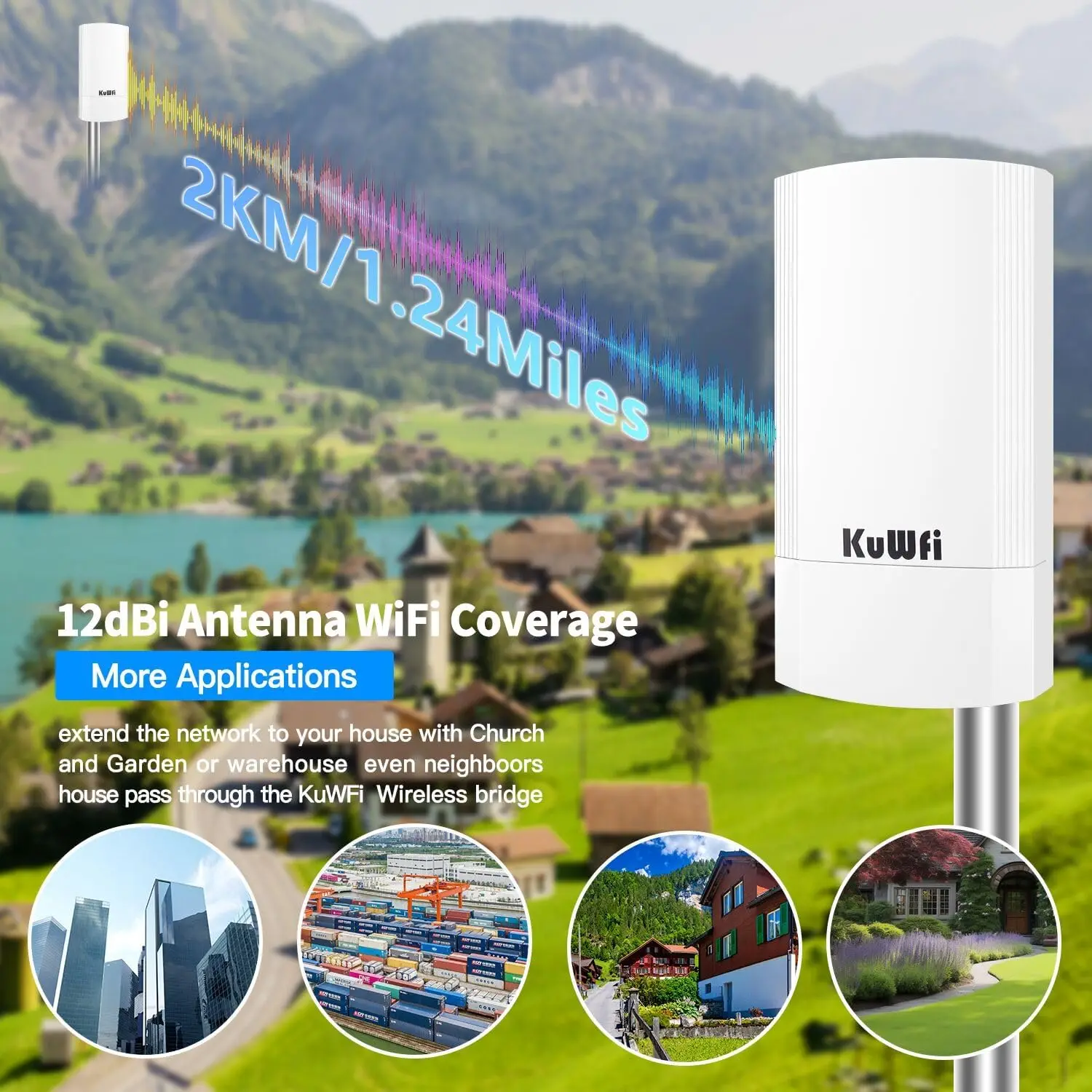 KuWFi 5.8G 야외 와이파이 브리지 900Mbps 네트워크 무선 이더넷 IP65 방수 CPE 키트 2KM/1.24마일 P2P 무선 확장