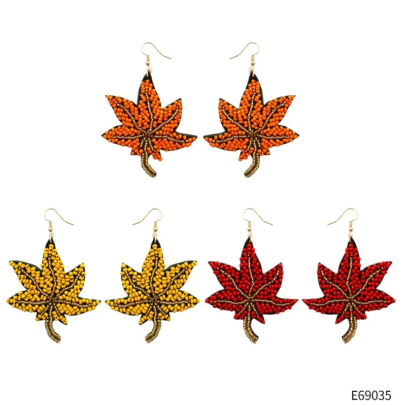 

2023 Leaf Maple Earrings Hand-woven DIY Retro Ethnic Style INS Hand-made Japanese Rice Bead Jewelry