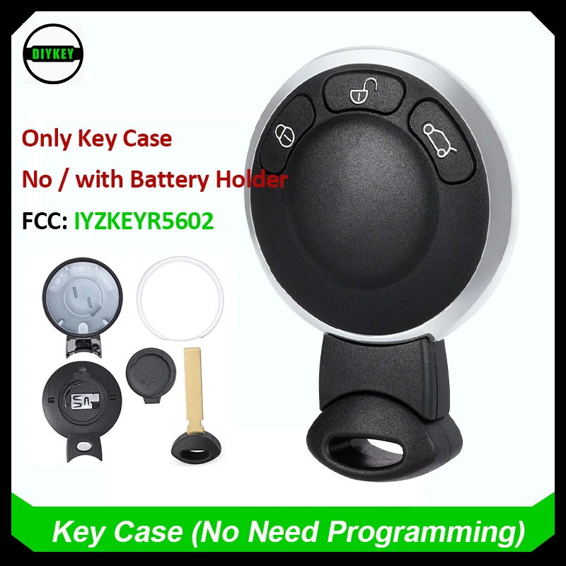 DIYKEY Remote Key Shell Case Cover Fob 3 Button for BMW Mini Cooper 2007-2014 FCC ID: IYZKEYR5602 with Battery Holder