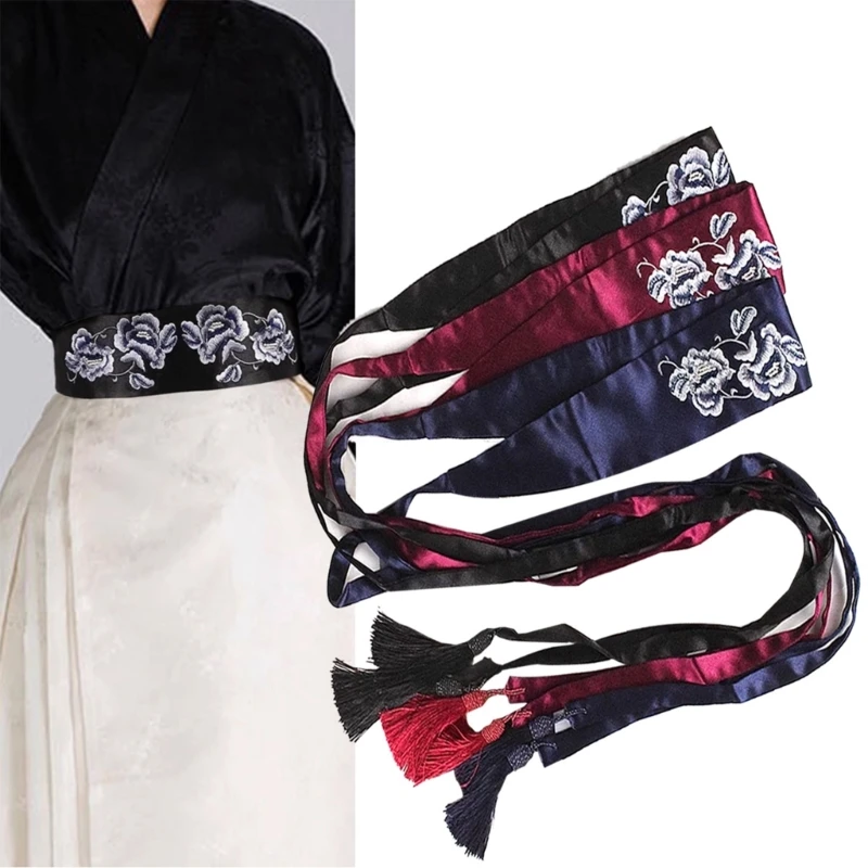 

Hanfu Waistband for Women Wrap Dress Embroidery Flower Vintage Wide Tie Belt
