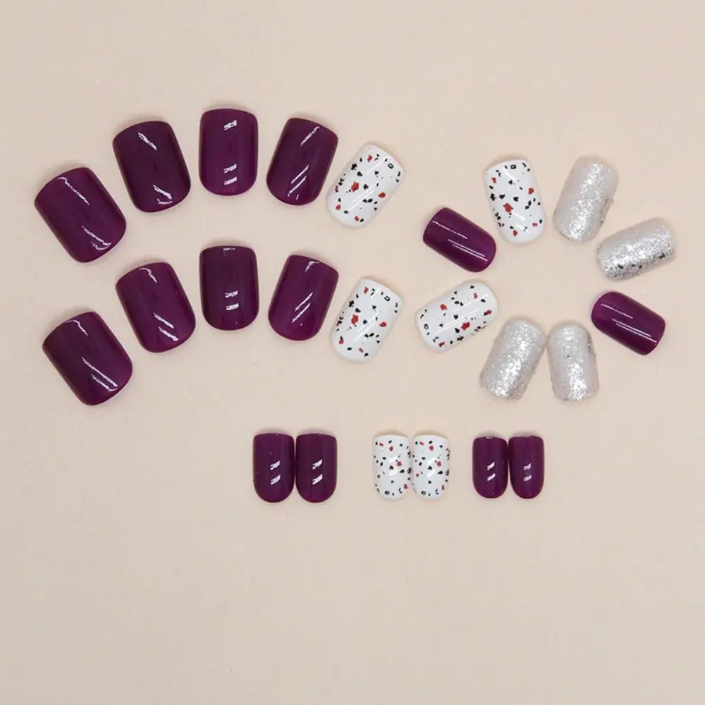 Fashion Short Round False Nails Purple Slices Holiday Party Fake Nails French Full Cover Nail Tips for DIY