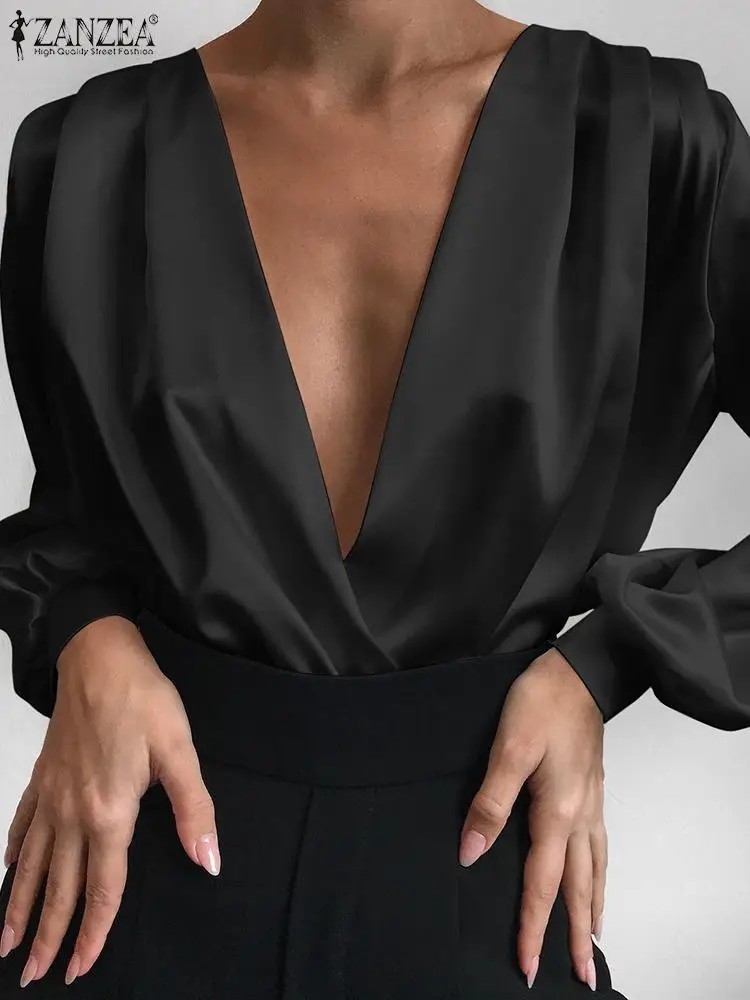 

ZANZEA Elegant Wrapped Satin Blouse Women Sexy Deep V Party Shirt Solid Long Lantern Sleeve Tops Fashion Pleating Office Tunics