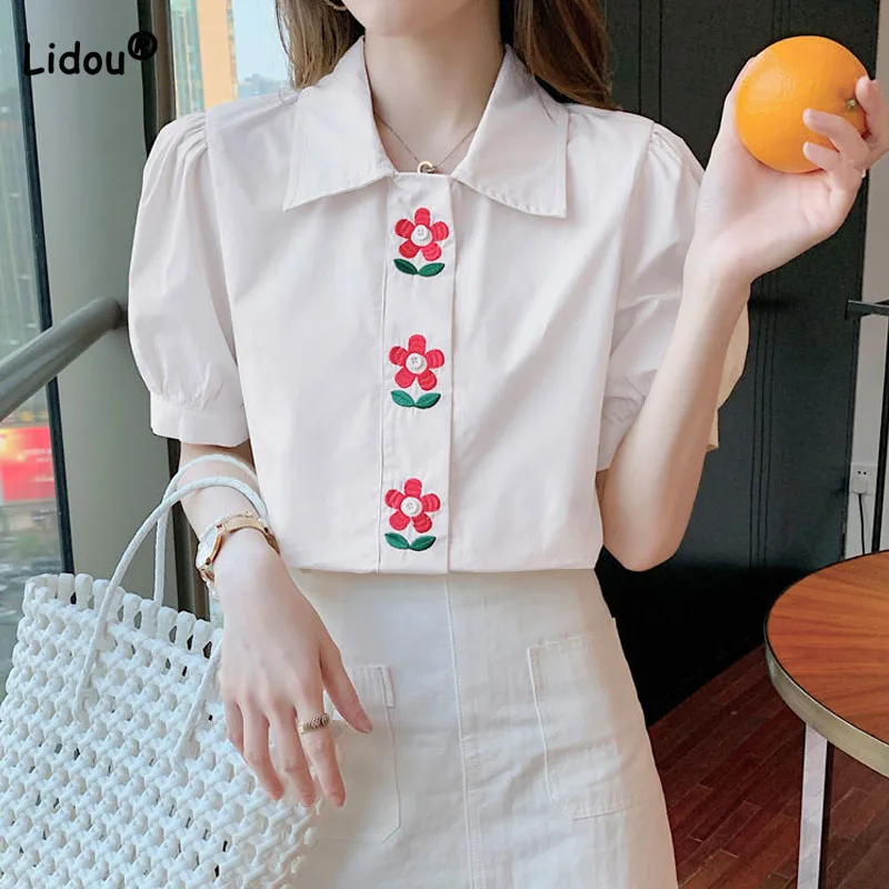 

Korean All-match Embroidery Spliced Solid Color Blouse Summer New Women's Clothing Casual Fashion Short Sleeve Button Shirt