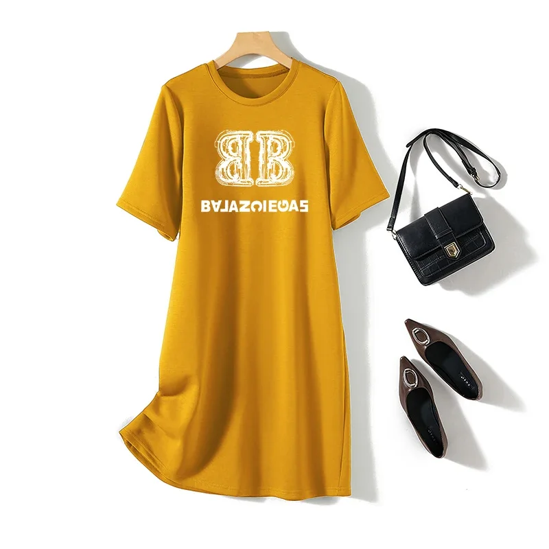 Women Clothing Letter Printed Short Sleeve Dresses Summer O-neck Fashion Tunic Straight Loose Casual Pullover Dress 6